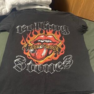the Rolling Stones Black Tee with Red & Orange Flame Tongue Graphic